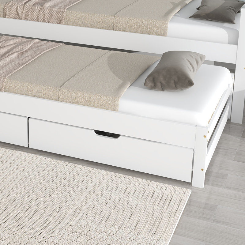 Daybed With Extendable Single To Double Bed, Rolling Trundle & 2 MDF Drawers – Solid Wood Frame, White