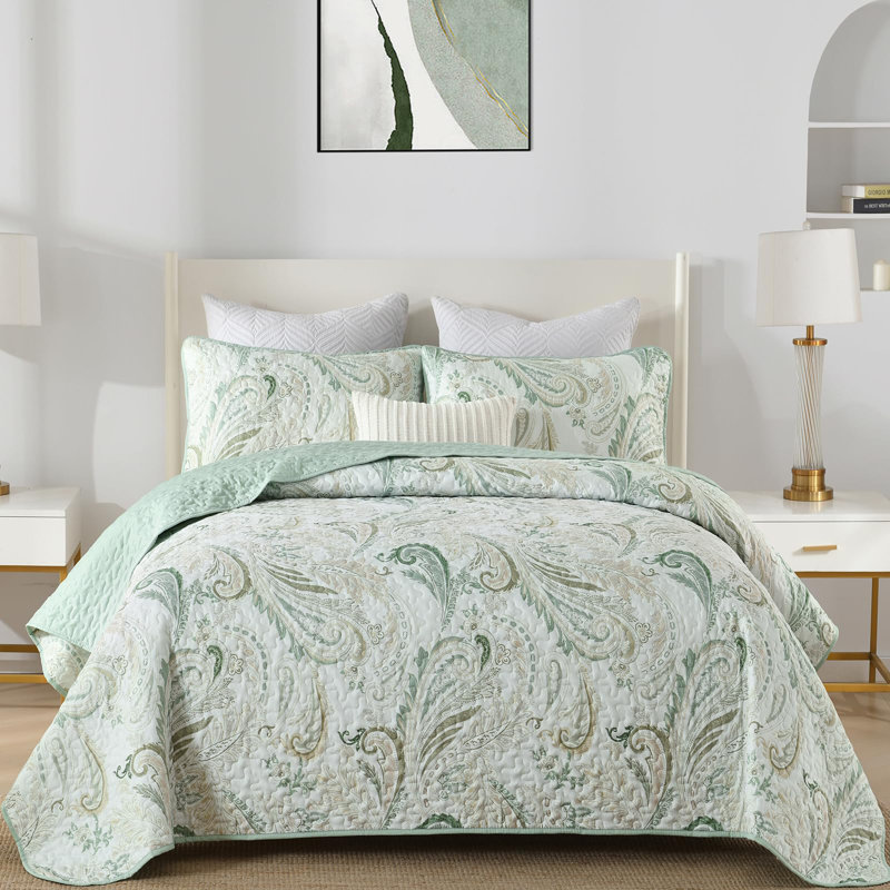 Ensemble de courtepointe 3 pièces à motif floral à motif cachemire Boho, Vert sauge