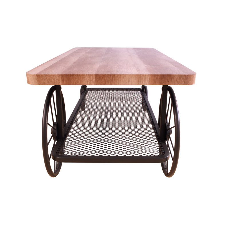 Table basse rustique - chêne et gris, roues en métal gris chaud