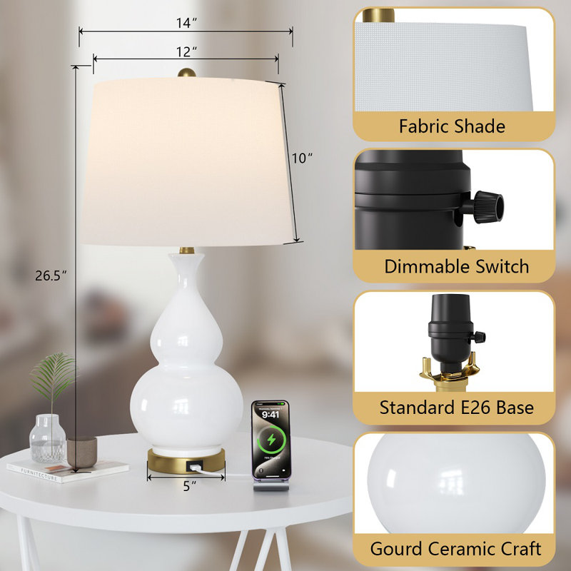 Conyers 26.5" Table Lamp Set with USB, Off-White/Very Light Gray