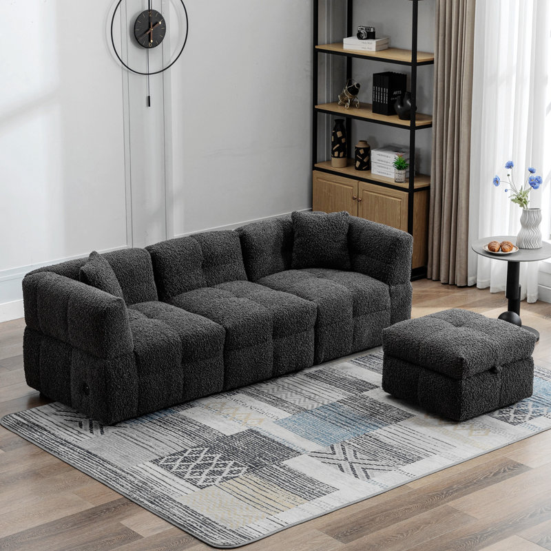 Canapé-lit modulaire convertible 87,7 po - Lit escamotable, repose-pieds avec rangement, 2 tabourets, chargeur sans fil et ports USB