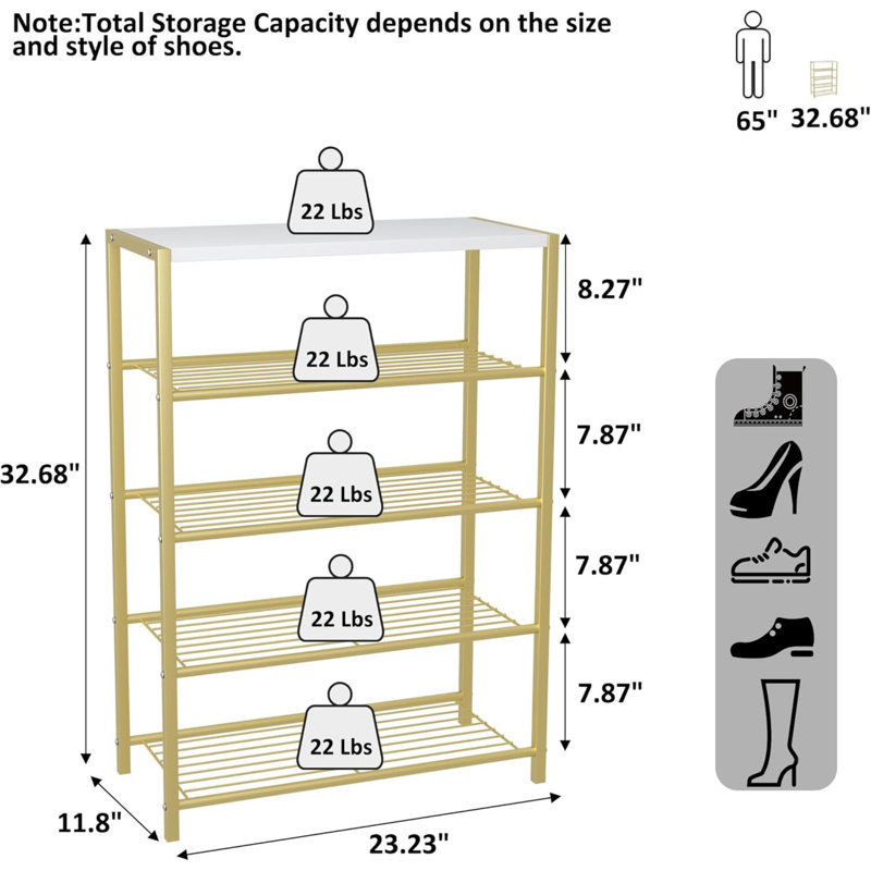 Shoe Rack 5-Tier, Shoe Storage Shelf, Industrial Shoe Tower, Narrow Shoe Organizer For Closet Entryway, Small Shoe Rack Table With Durable Metal Shelves
