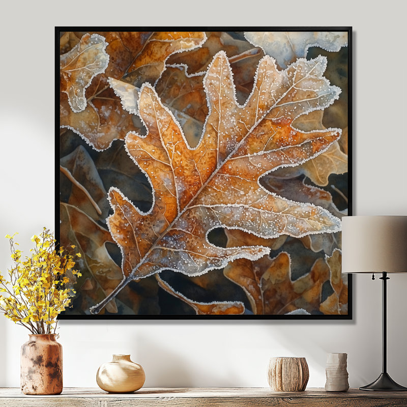 Frosty Oak Leaf II - feuilles, art mural, H 16 po x l 16 po, Impression encadrée flottante, Noir, noir, noir, noir