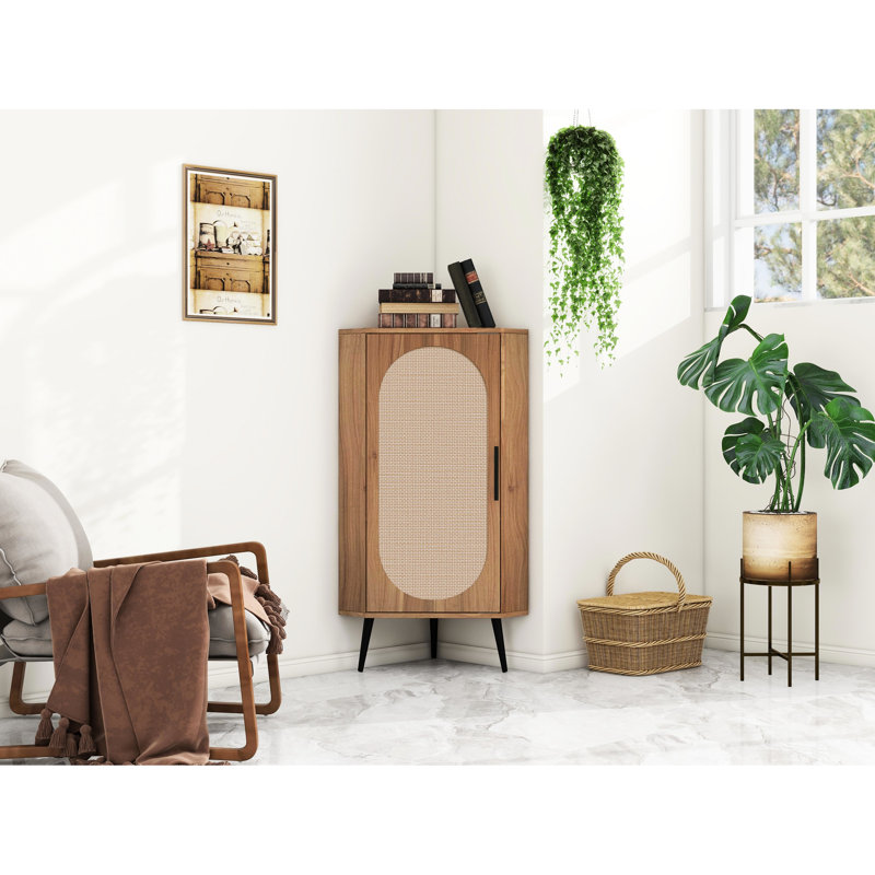 Tablette de coin de salon avec porte, capacité de 88 livres, décoration en peau naturelle, panneau de porte sans épissure, base en métal triangulaire, dispositif de déversement, armoire à poignée noire pour petits espaces, charge
