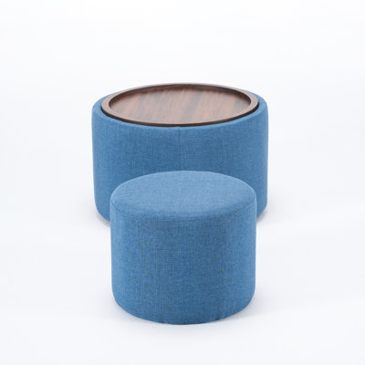 Blue Linen Upholstered Round Ottomans, 2 In 1 Nesting Design For Space, 41 Function As Footstool, Coffee Table, Bench & Storage, Frame And High Foam, Easy To Clean Compact Foam Maintain