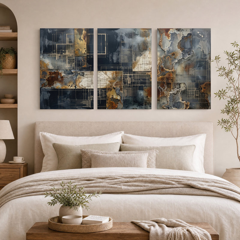 Ensemble de 3 toiles murales reprenant des plans architecturaux tachés de rouille, H 24 po x l 16 po x 3 pièces