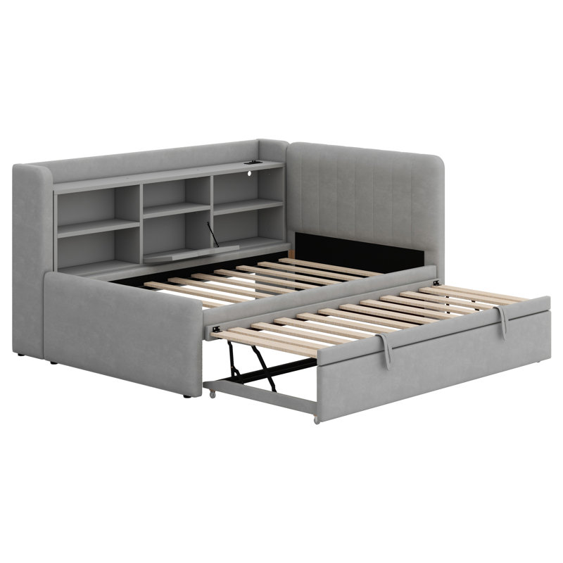Upholstered Daybed With Trundle, Storage Shelves, USB & Outlet, Gray
