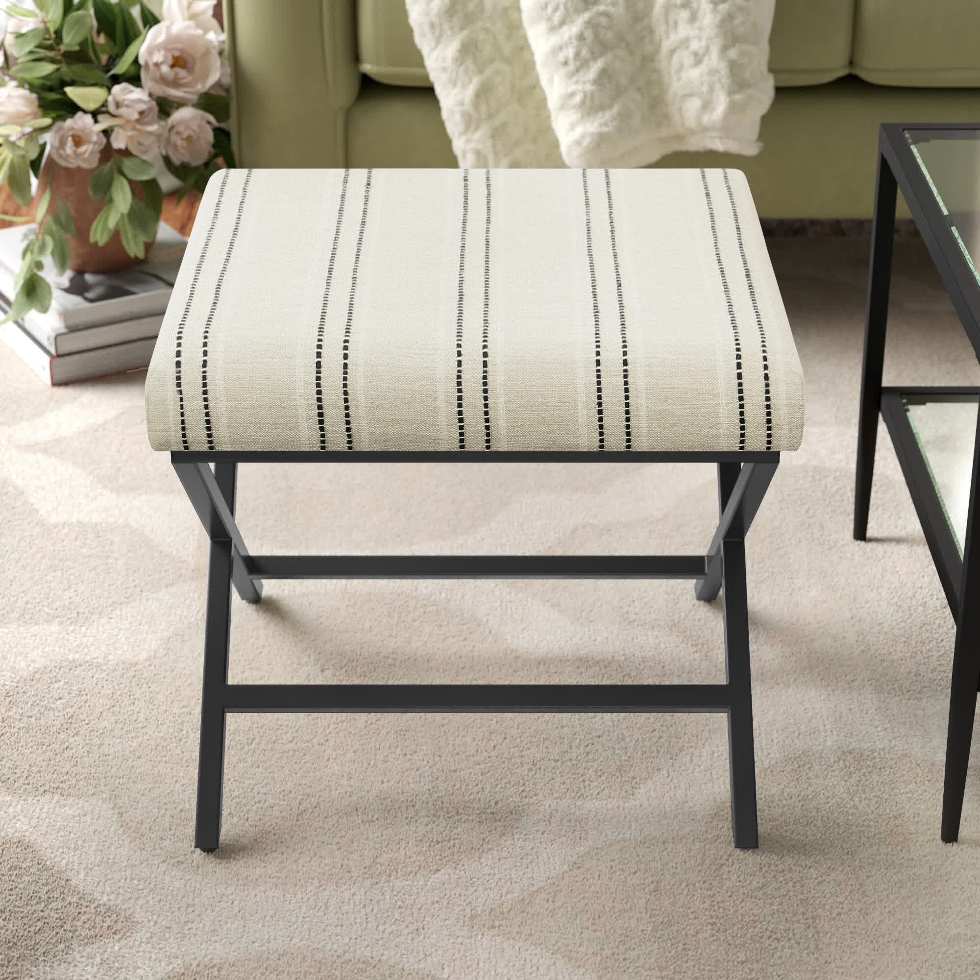 Priscilla Upholstered Ottoman, Cream Stripe