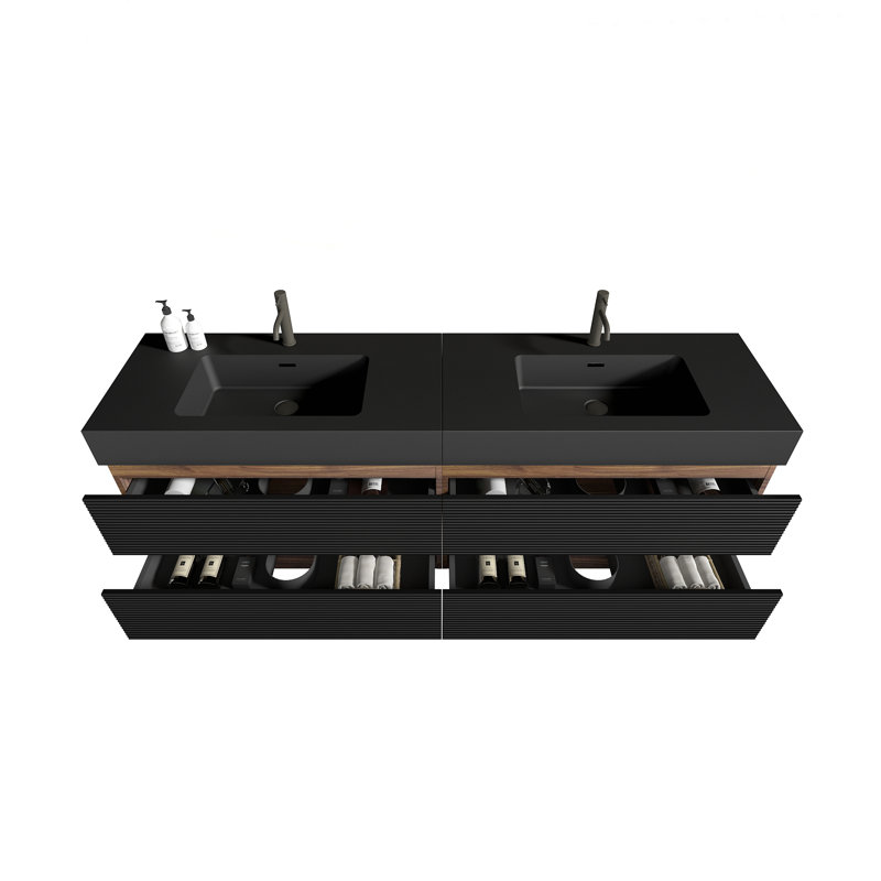 Meuble-lavabo 72 po (36 po * 2) avec lavabo à quartz d'ingénierie et tiroirs souples, meuble-lavabo mural flottant, lavabo une pièce, KD