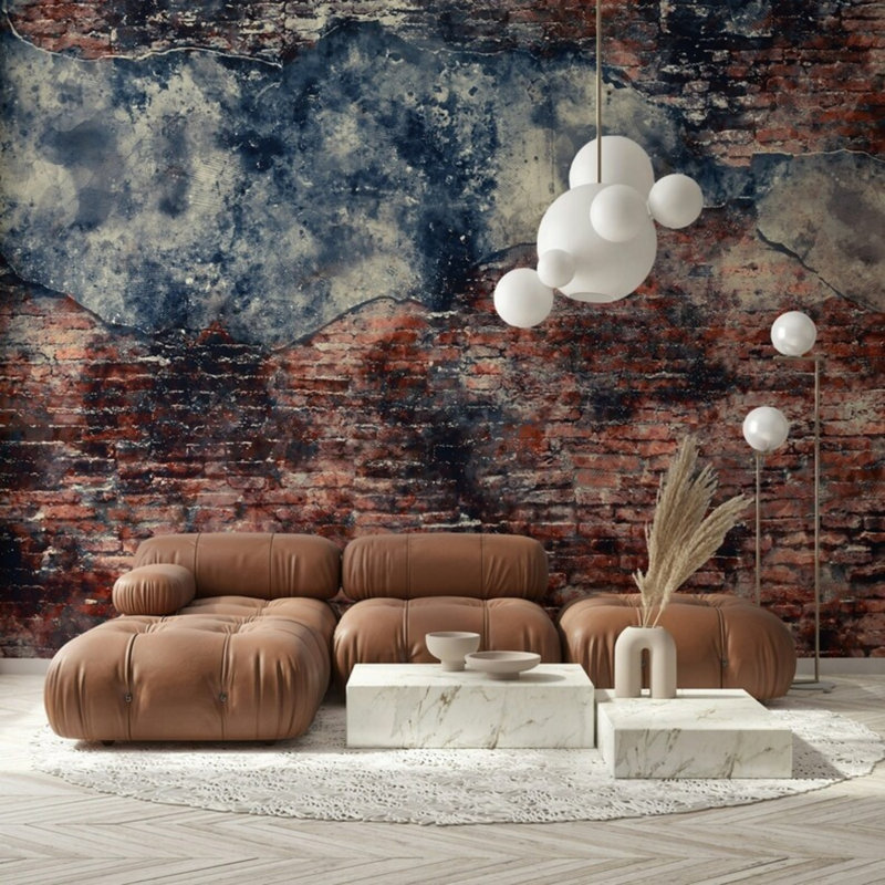 Distressed Red Brick and Concrete Wall Mural, 108" L x 192" W