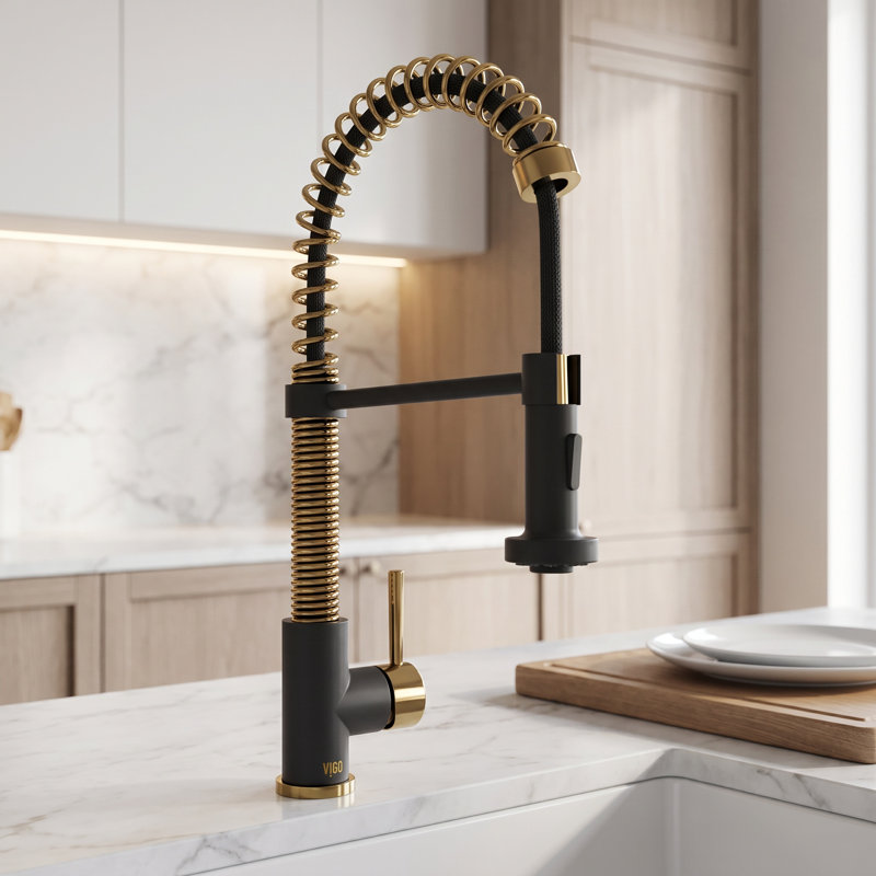 Edison 19" H 1-handle Pull-Down 2-Function Sprayer Kitchen Faucet, Matte Gold/Matte Black, Without Soap Dispenser