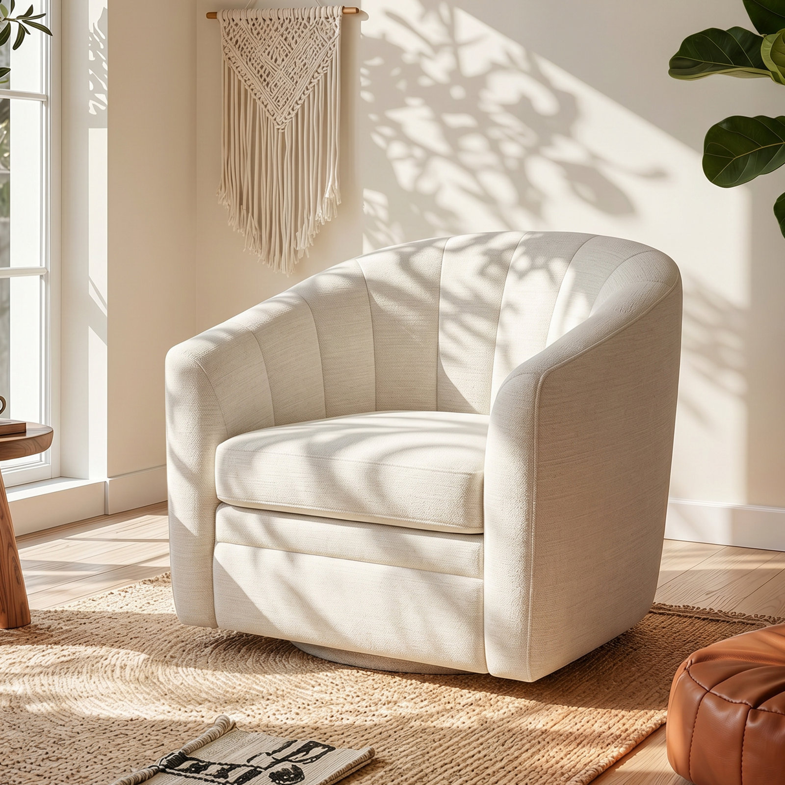 Eucalyptus Swivel Barrel Chair, Beige