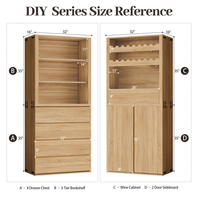 2-Piece Kitchen Pantry Cabinet Set, Modern Farmhouse Wall Unit With Wine Rack, Drawers And Storage Shelves Natural