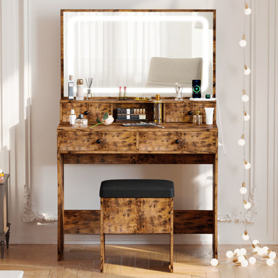Baelyn Makeup Vanity with LED Lighted Mirror, Modern 4 Drawers Vanities Desk with Stool