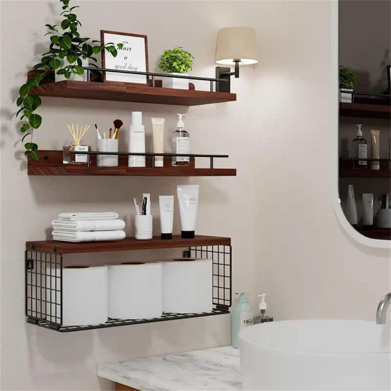 2-in-1 Floating Shelves with Storage Basket, Sturdy Paulownia Wood Wall Shelves for Bathroom & Living Room, Rustic Style Decorative Storage Shelves with 66Lbs Capacity, Multifunctional 3-Tier Floating Shelves with Storage Basket