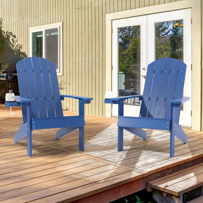 Inniss Wood Adirondack Chair Patio Plastic Weather Resistant Fire Pit Single Chair, Navy Blue