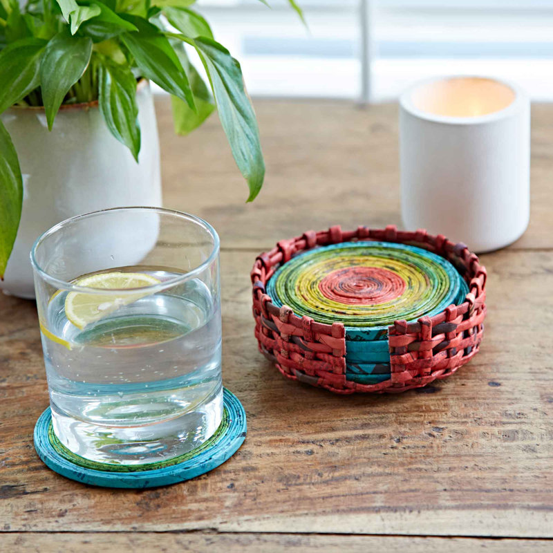 6 Recycled Newspaper Coasters, Blue/Green/Yellow/Red