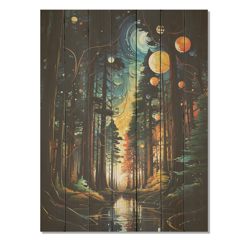«Moonlight River Retreat Into The Forest II» - Forêt et rivière sur bois, H 40 po x l 30 po