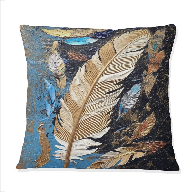 Boho Glam exquis or sur plume bleue, peinture - coussin décoratif imprimé de plumes