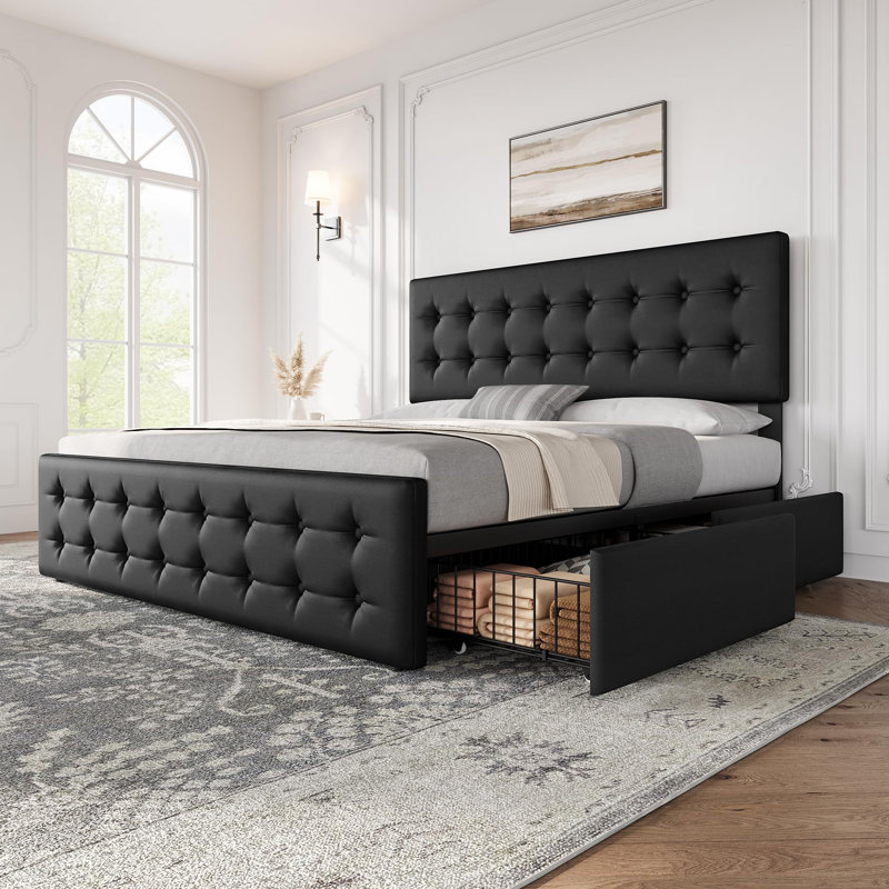 Très grande base de lit avec 4 tiroirs et tête de lit tapissier réglable en lin, capitonnée, aucun sommier nécessaire, Noir
