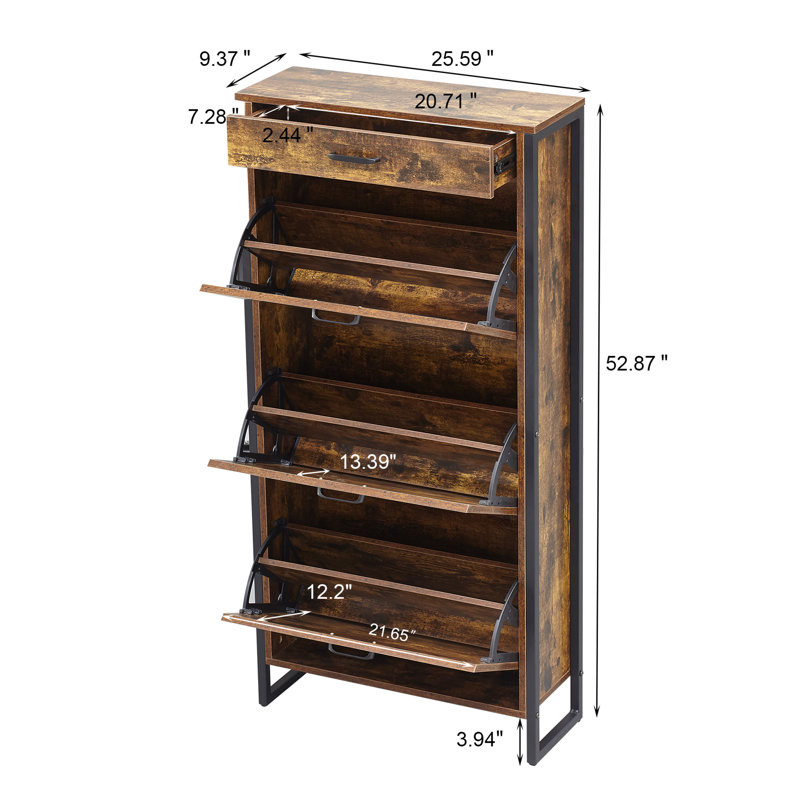 Armoire à chaussures mince avec 3 tiroirs rabattables et 1 tiroir, Brun rustique