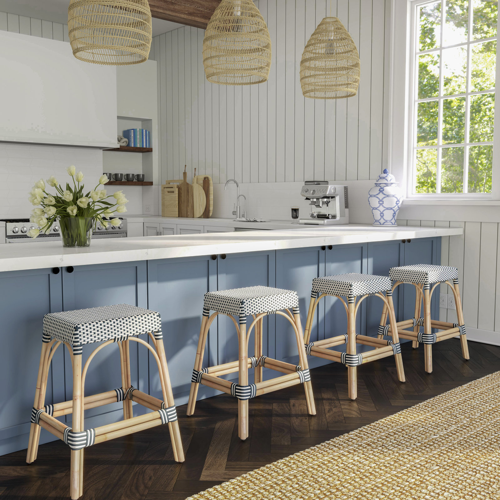 Lennart Bar Stool, White/Navy Dot/ Natural Rattan Frame, Bar Stool (30" Seat Height)