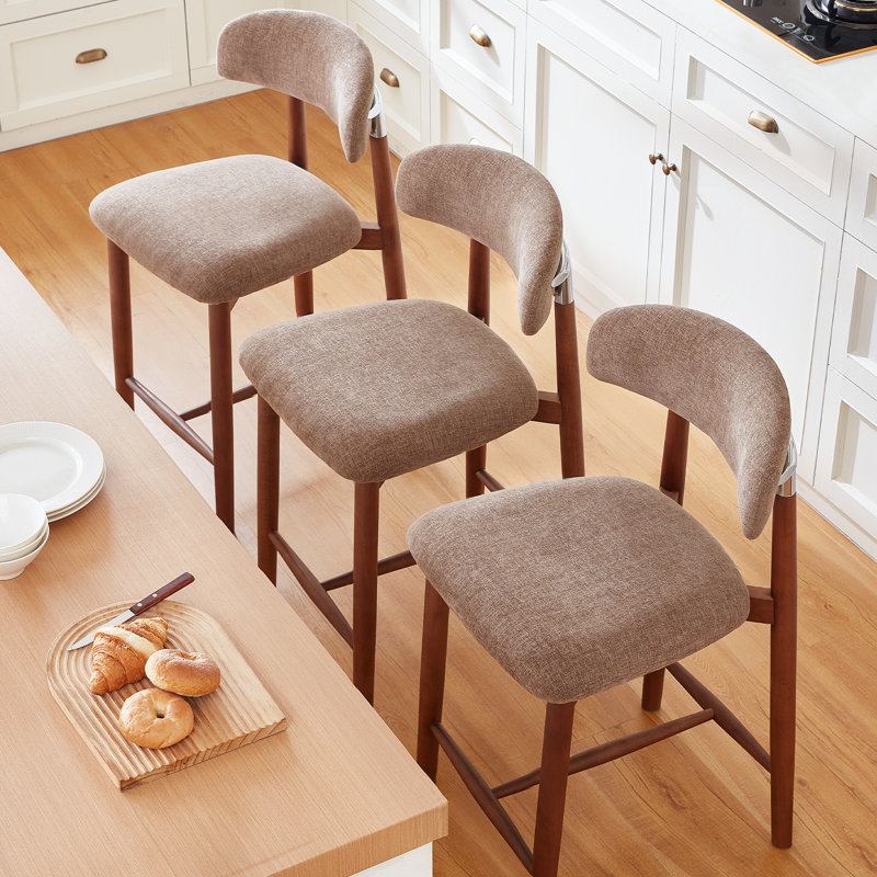 Solid Wood Bar Stools Set of 3,25'' Coffee-Colored Counter Height Bar Stools，Made Solid Wood and Fabric, Ideal for Kitchen Islands and Home Bars