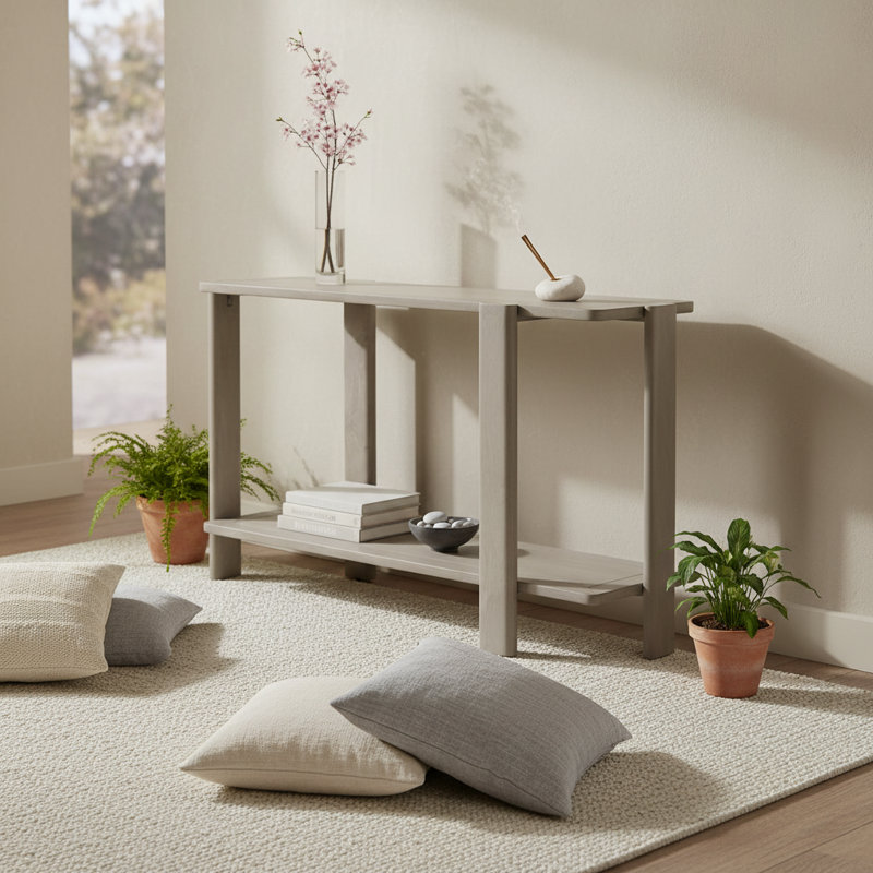 Table en bois massif Ariah, tablette inférieure et table au fini naturel