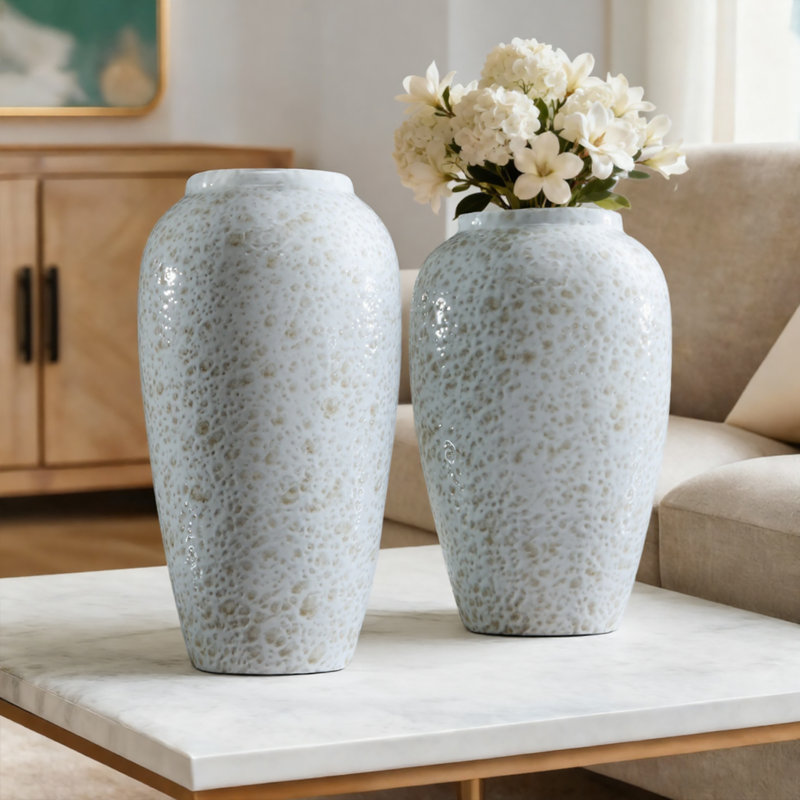 Handmade Ceramic Table Vase, Granular Texture & Matte Finish Ceramic Vase with Mottled Glaze, Simple Natural Texture & Minimalist Style Decor Piece (set of 2)