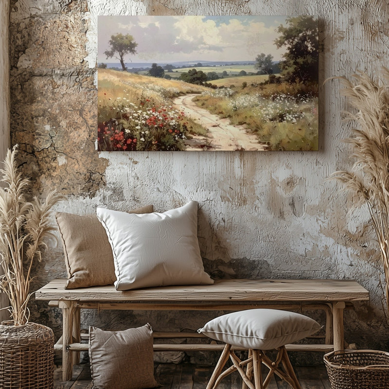 Toile, art mural, chemin de campagne à travers des fleurs sauvages, paysage ensoleillé romantique, certains chemins, prêt à accrocher