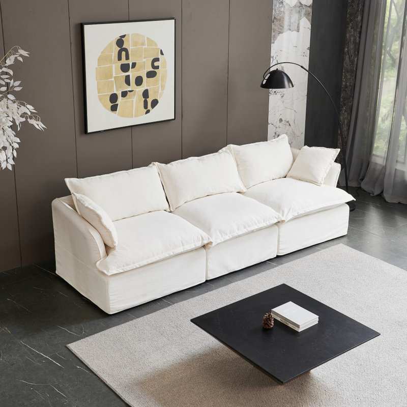 Mahamood Upholstered Sofa, Modular Sectional Sofa Cloud Couch for Living Room Bedroom, Mahamood White Linen Blend