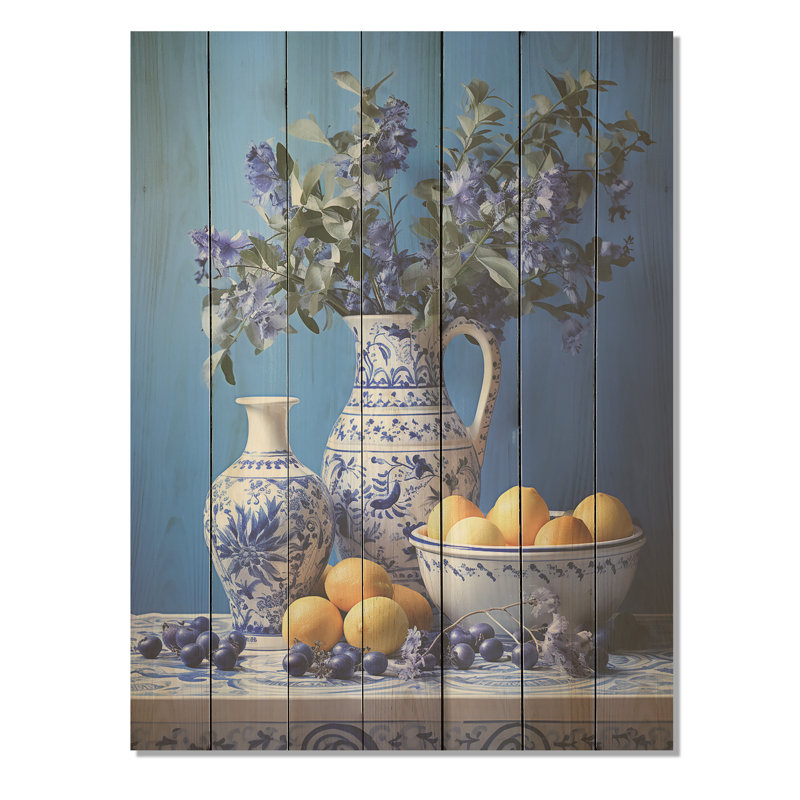 Motif de cuisine méditerranéen nature morte II - poterie bohème sur bois, H 20 po x l 10 po