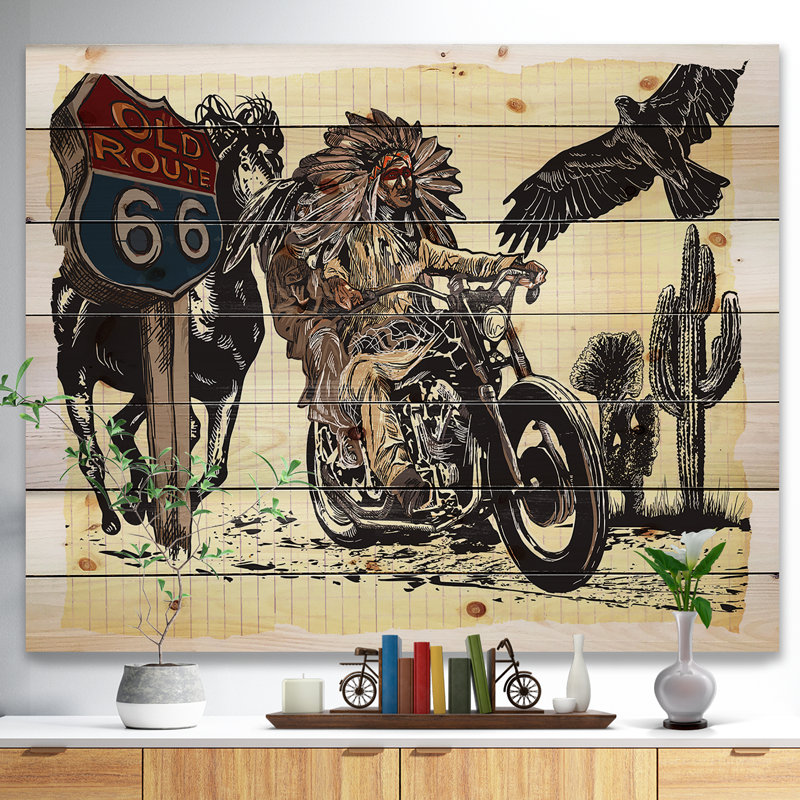 «Native American in Moto», impression, H 36 po x l 46 po x P 1,5 po, Bois
