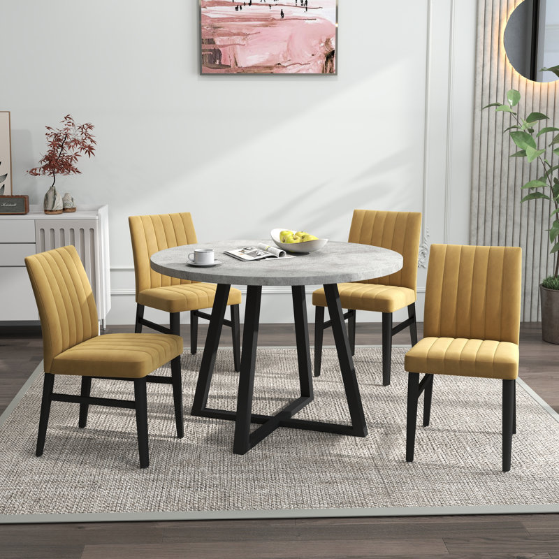Roundhill Furniture Edo 5-Piece Dining Set, Round Trestle Table And 4 Upholstered Chairs, Gray And  Yellow, Yellow