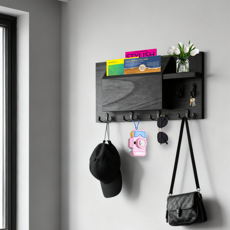 Mail Organizer For Wall Mount – Key Holder With Shelf Includes Letter Holder And Hooks For Hallway Farmhouse Decor – With Flush Mounting Hardware (15"x 7.9" X 3.2")-black