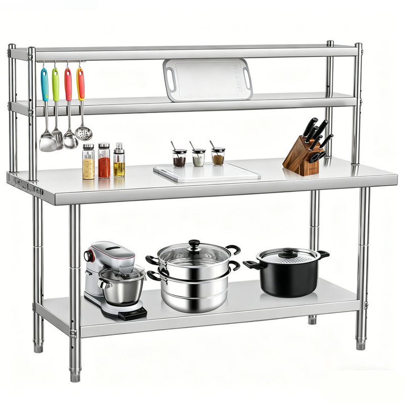 Table de travail de bureau robuste en acier inoxydable avec tablette NSF