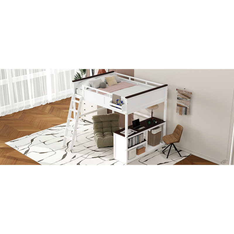 Grand lit mezzanine blanc avec bureau, tablettes de rangement et boîte - robuste, guide d'assemblage transparent, compartiments pratiques