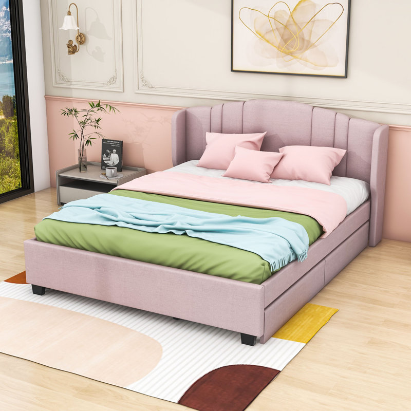 Grand lit plateforme tapissier Elester, Rose