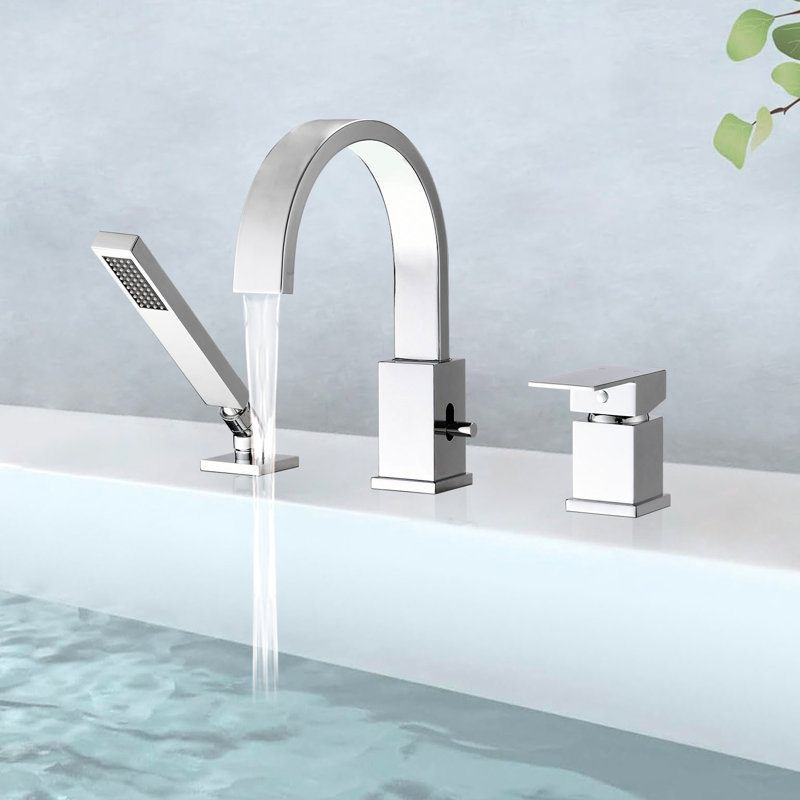 Stainless Steel Waterfall Tub Spout With Shower - 2 Gpm Maximum Flow Rate Faucet 7.87" Reach And Hand Hose, Polished Nickel