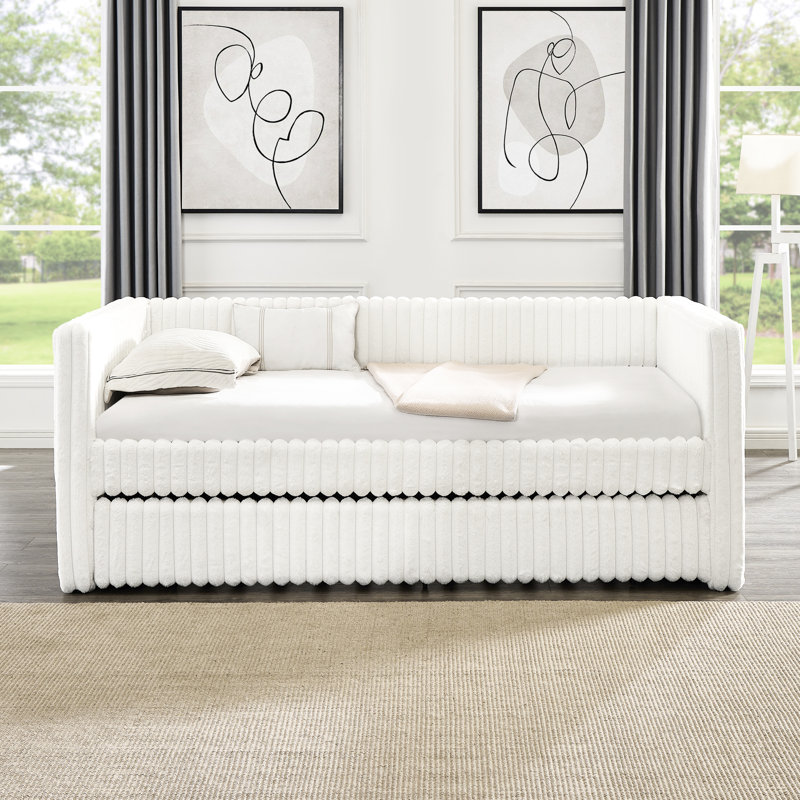 Lit de jour simple en tissu beige - Se retire pour une gestion efficace de l'espace avec une relaxation accrue du lit, Beige