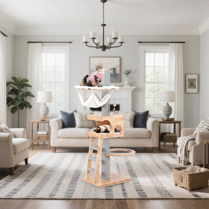 62" H Pure Solid Wood Multi-Nest Cat Climbing Frame with Toys