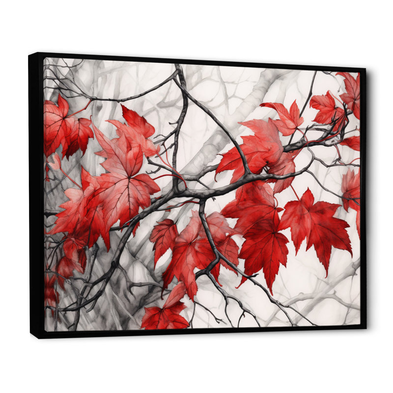 "Red Grey Leaves On Tree VII", reproduction d'art sur toile, 24" H x 32" W, Cadre flottant noir