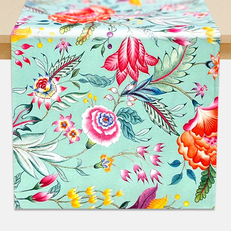 Decozen Naida Floral Table Runner in Chintz Green and Pink for Dining Table and Christmas Decor
