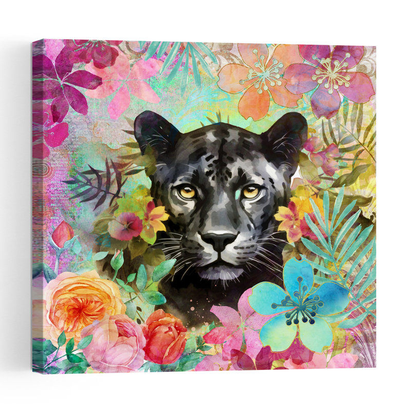Tropical Panther Blooms Colorful Contemporary Animal Flower Wall Art Print 1 Piece Wrapped Canvas Wall Art