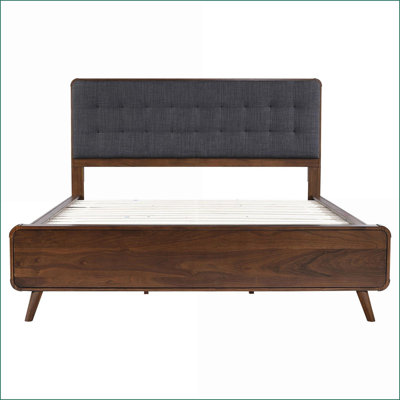 Lit plateforme très grand californien en noyer foncé de style Mid-Century avec tissu touffeté gris pour la chambre principale