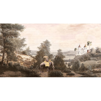 Papier peint rétro vintage avec tour d'éléphant et paysage de campagne serein