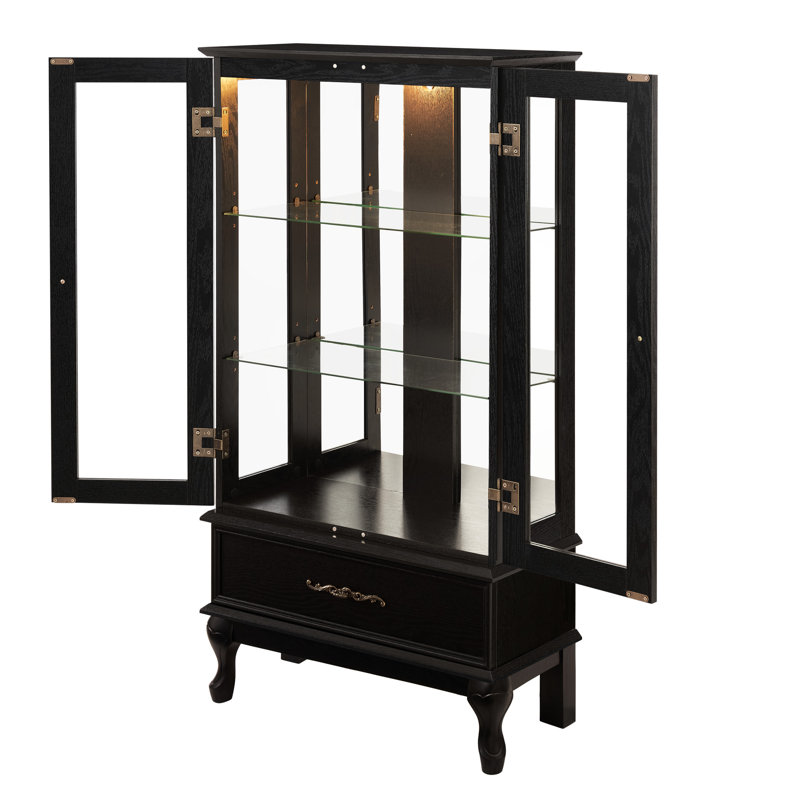 Vitrine à vin 2 portes avec éclairage intégré, tablettes réglables en verre trempé, finition noire et tiroir dissimulé