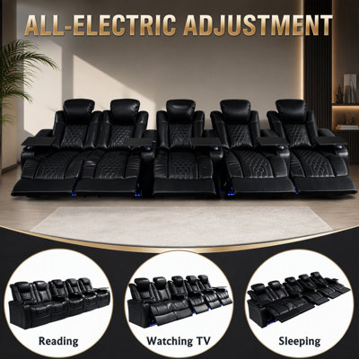 Ensemble de 5 fauteuils inclinables électriques de 155,5 pouces avec revêtement en cuir nappa pleine fleur, détente ajustable, chargement intelligent, DEL RVB, couleur café