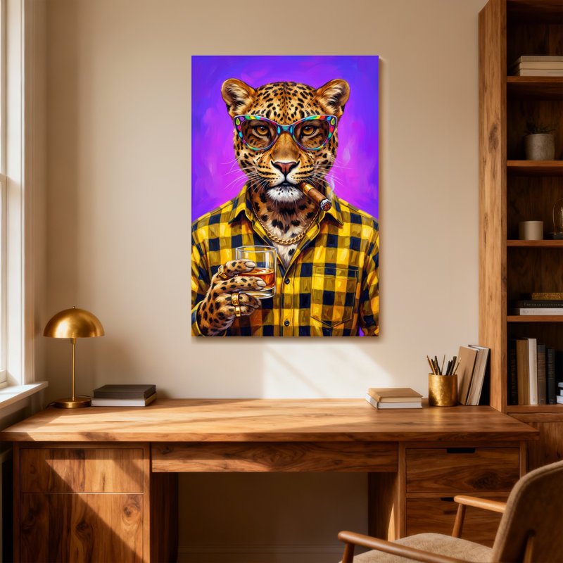 Animaux léopard portant des lunettes et un cigare avec boisson, H 18 po x l 12 po