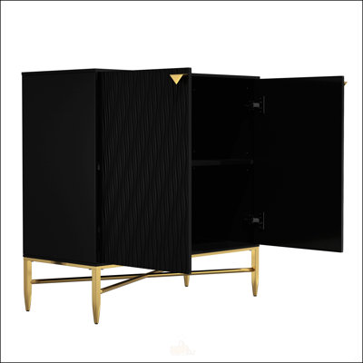 2 Door Black Accent Cabinet With Raised Wave Pattern And X-Shaped Metal Legs, Perfect For Modern Storage And Decor.